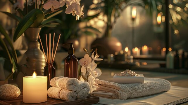 Spa soap with white towels and sea salt, composition on tropical leaves in wooden background